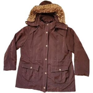 Big Chill Softshell Parka Coat Womens XL Brown Faux Fur Trim Full Zip Button Y2K